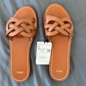 Mango Brown Braided Leather Slide Sandals